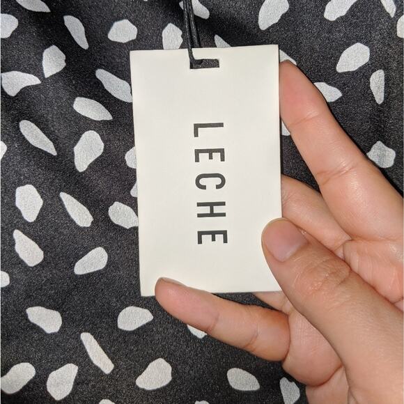 Leche Black & White Polka Dot Pattern Ruched Ruffle Trim Skirt L - Picture 8 of 15